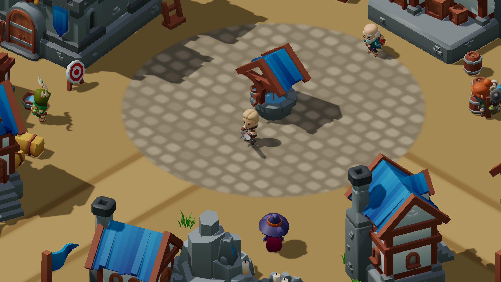 A praça do Forte da Fronteira, com o poço, o herói e os NPCs