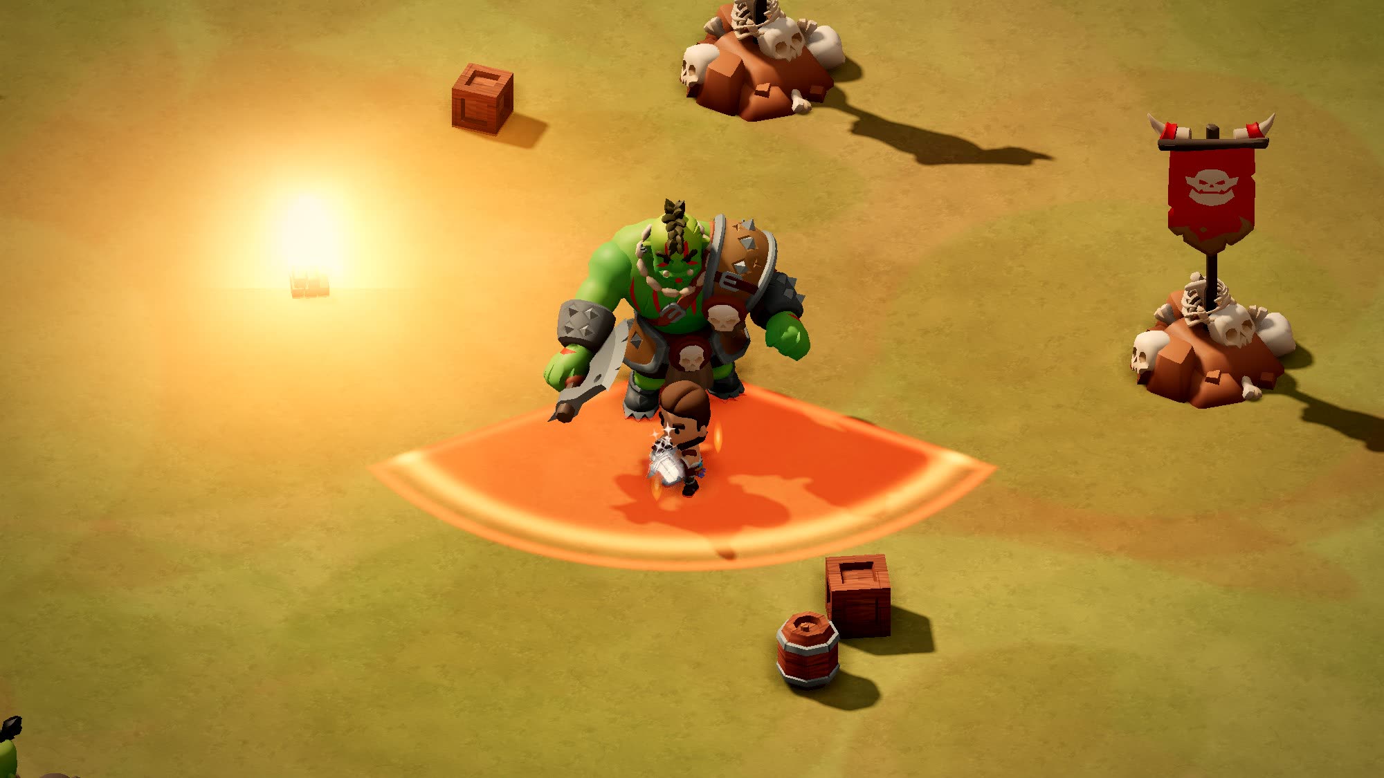 O herói diante do Senhor da Guerra Orc, que bate no chão com um círculo de aviso em volta