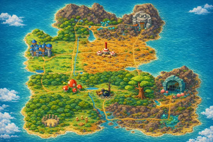 A ilha do mapa do mundo, com o Forte, as três terras e as dungeons